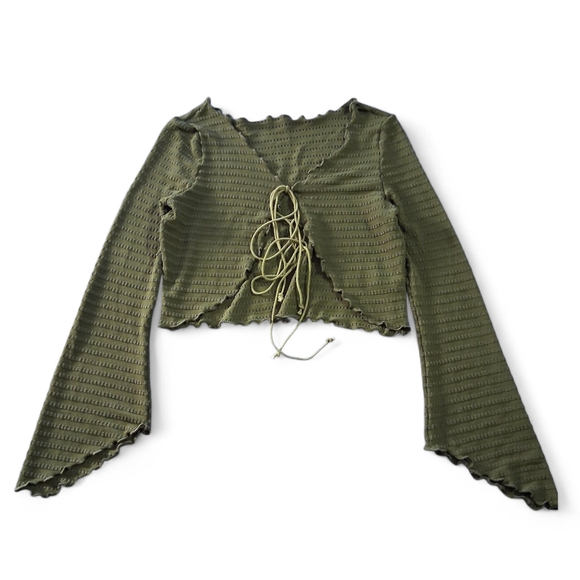 Romwe Hippie Lettuce Trim Tie Front Crop Top Womens Size Large - Picture 2 of 5